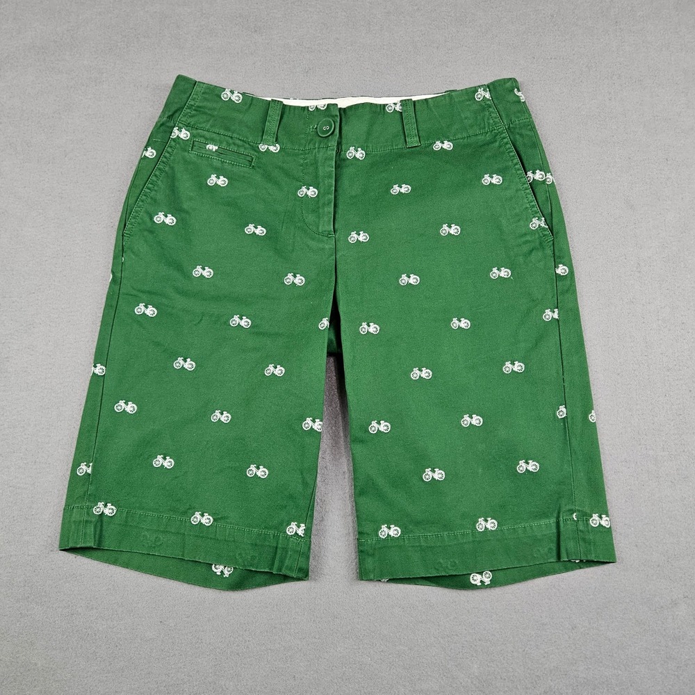 Talbots Womens Bermuda Shorts Size 2 Green Embroidered Bicycle Stretch Cotton
